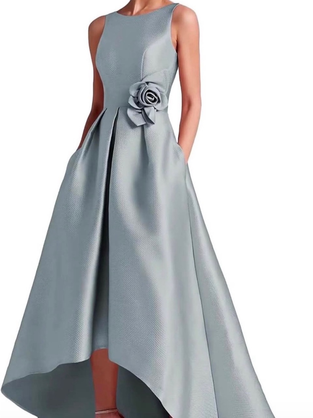 New Elegant Sleeveless High-Low Dress with Rosette Detail special occasion